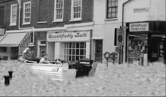 Residents use a 'boat' to row for shelter as an unusual amount of fluff begins to start filling the streets.